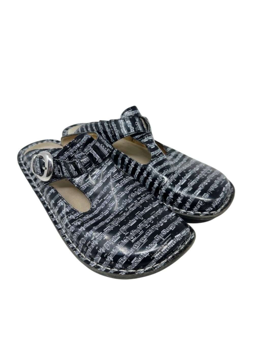 Alegria Donna DON-300 Music Note Leather Clogs Shoes Black White 38 US 8-8.5